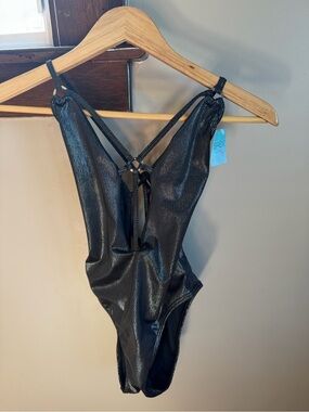 Siren Black Shimmer One-Piece Swimsuit with Strappy Back